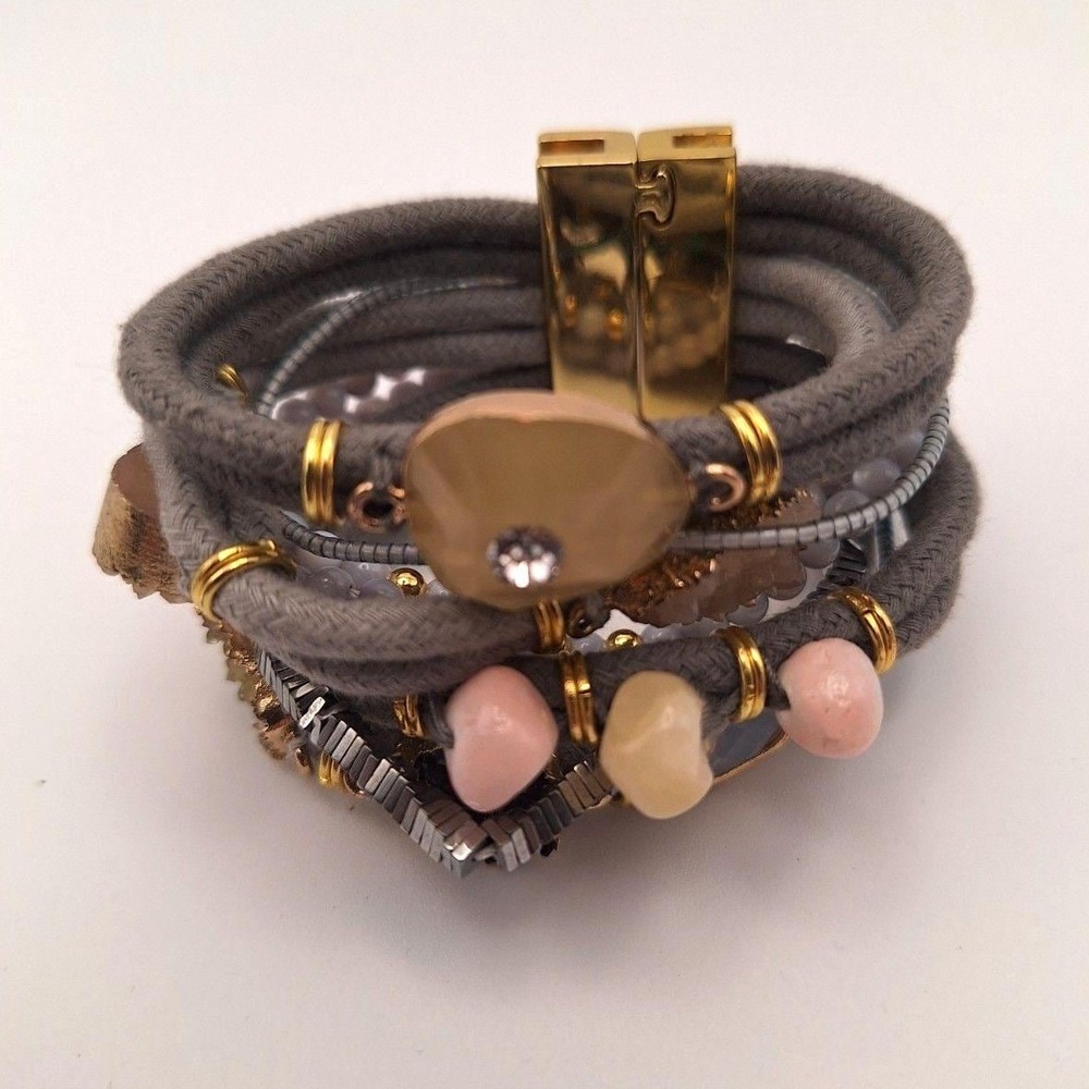 Hipanema multi strand bracelet bohemian ethnic natural stones magnetic gold tone